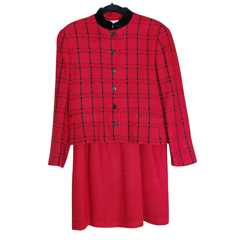 Vintage Evan Picone 2-Pc Christmas Red Plaid Wool Velvet Collar Women's Suit 14